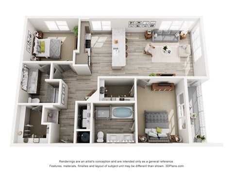 Floor plan for 2 beds, 2 baths, 1251 sqft